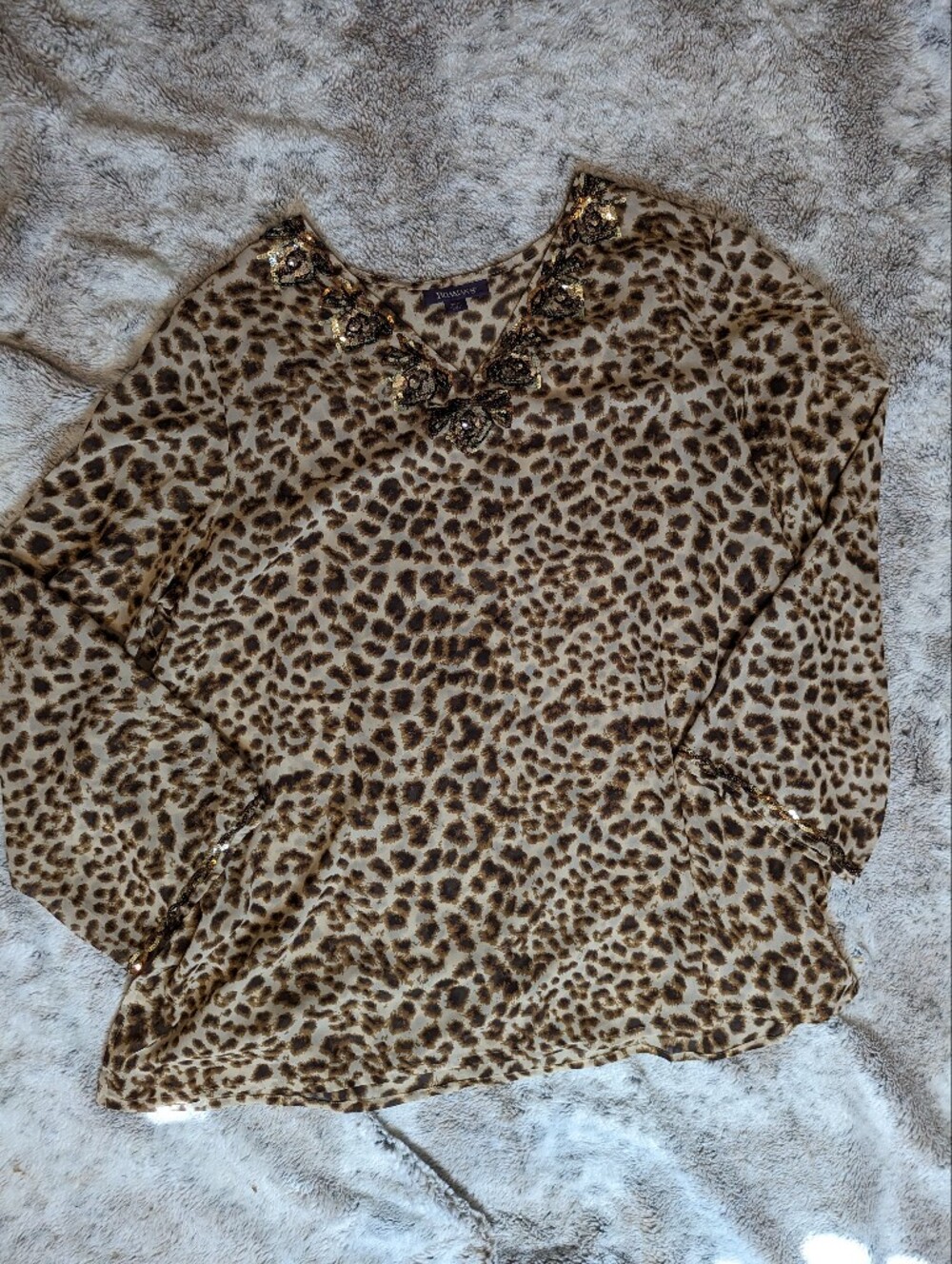 Roaman's Leopard Print Sequin Beaded Tunic Blouse Sheer Georgette Top 24W